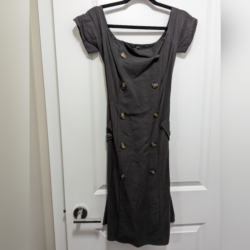 LE CHATEAU | NWT, off the shoulder, dark gray dress, belted waist, size medium